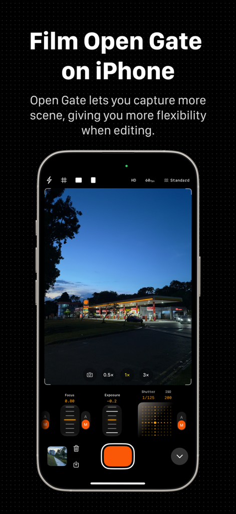 OpenCam app interface showing the open gate video recording mode on an iPhone
