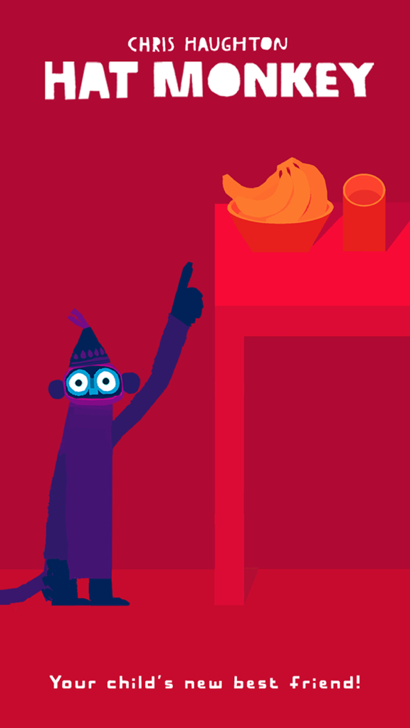 Hat Monkey by Chris Haughton - Title screen of Hat Monkey app featuring a purple monkey pointing at bananas on a table.