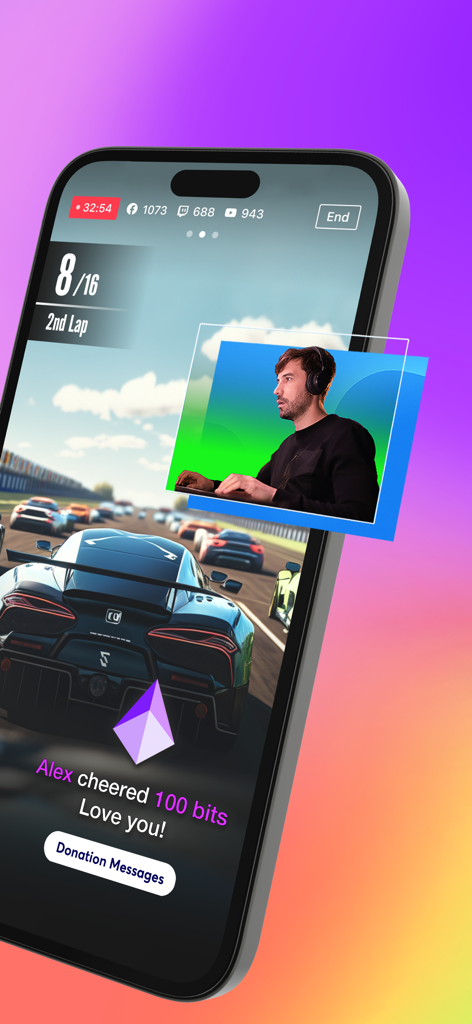 PRISM: Live Streaming App - A mobile live stream of a racing game with a camera overlay and real-time donation alerts.