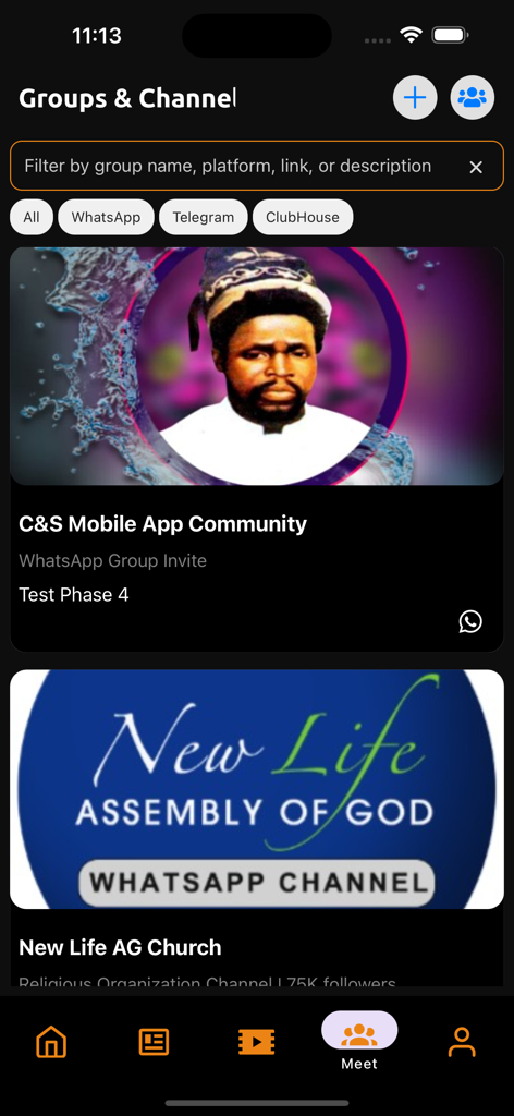 C&S Mobile - The Groups and Channels screen of the C&S Mobile app showing church community links and social media groups.