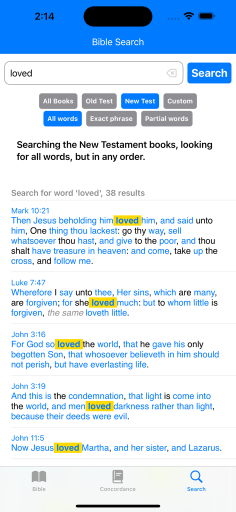 Strong's Concordance 2 - Bible search interface in Strongs Concordance app showing verses from the New Testament containing the word loved