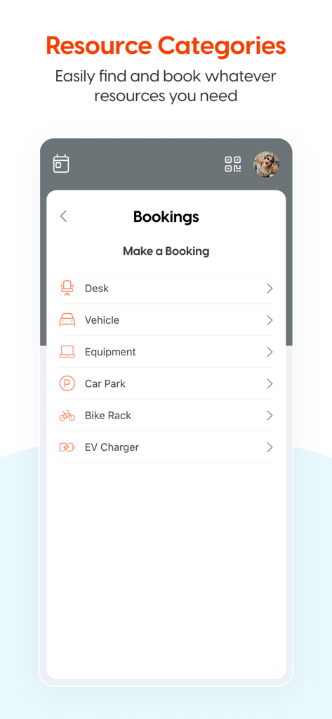 SwipedOn Pocket app interface showing a menu to book office resources like desks and parking