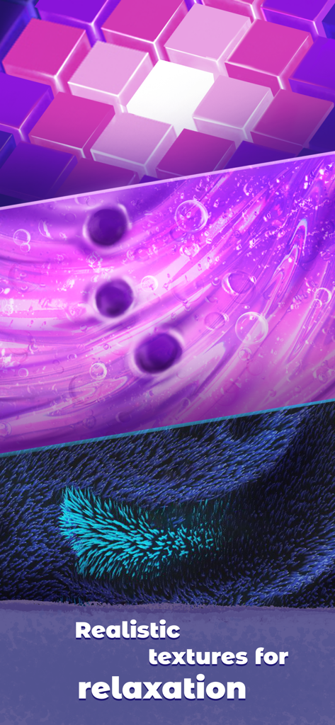 Anti stress ball: slime games - Tres texturas visuales diferentes que incluyen slime morado y pelusa azul para relajación sensorial