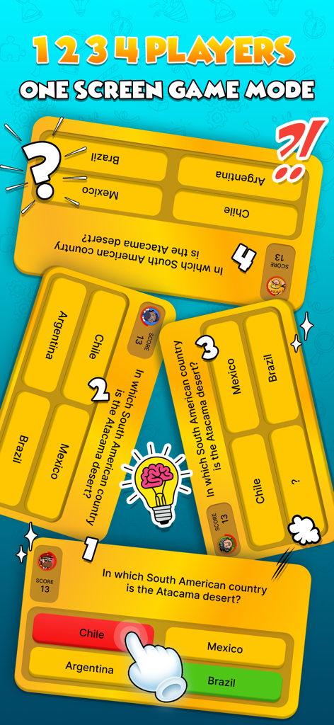 Trivia Quiz 234 Players - Split screen interface showing a four player trivia game mode on a single device screen