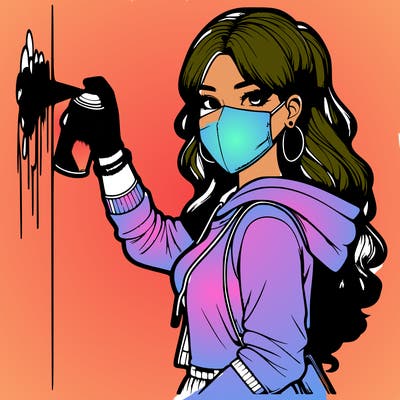 realistic girl with mask spray painting a wall