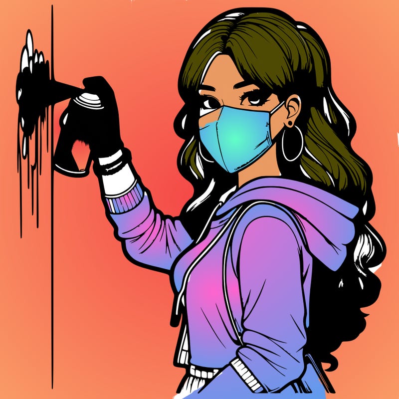 realistic girl with mask spray painting a wall