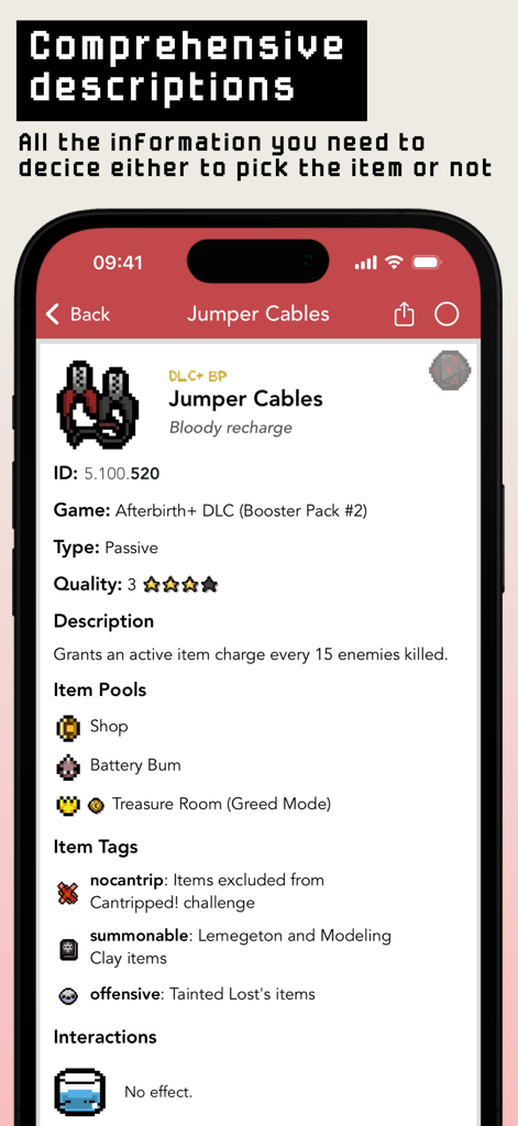 Guide+ for Binding of Isaac - App interface showing detailed information for the Jumper Cables item in Binding of Isaac