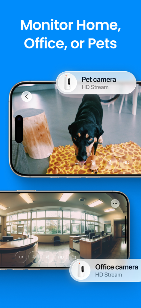 Security Camera Home App - Schermate di smartphone che mostrano feed video HD live da fotocamere di sicurezza per animali domestici e uffici