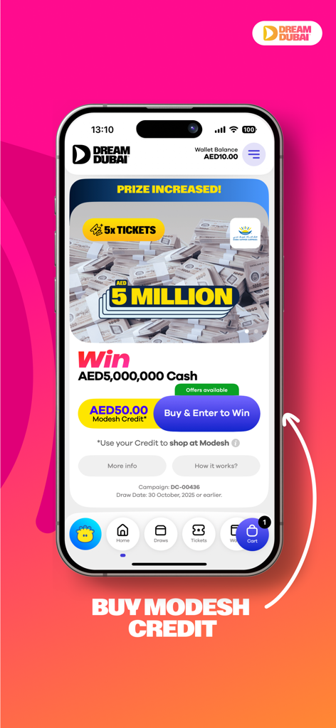 Dream Dubai - Dream Dubai App-Oberfläche, die eine Bargeld-Preisverlosung von 5 Millionen zeigt