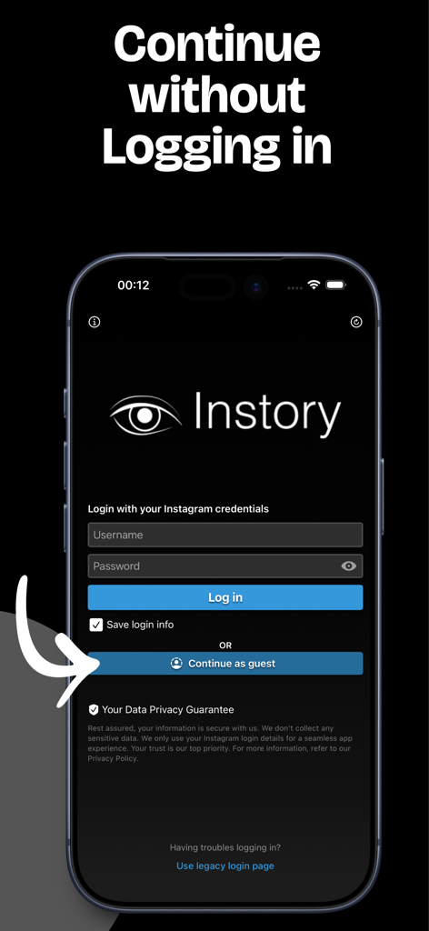 Login screen of the Instory app highlighting the option to continue as a guest for anonymous Instagram browsing