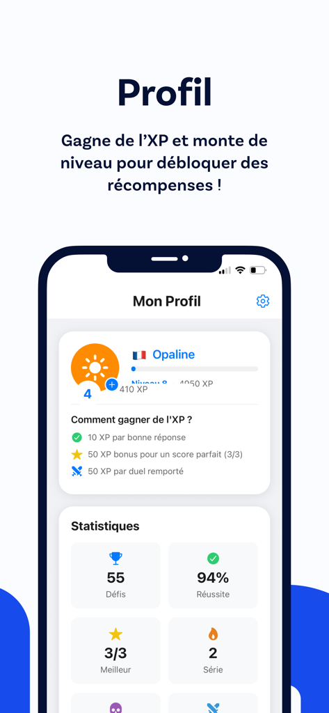 Luni - Quiz quotidien - User profile screen of the Luni quiz app showing level progress and game statistics