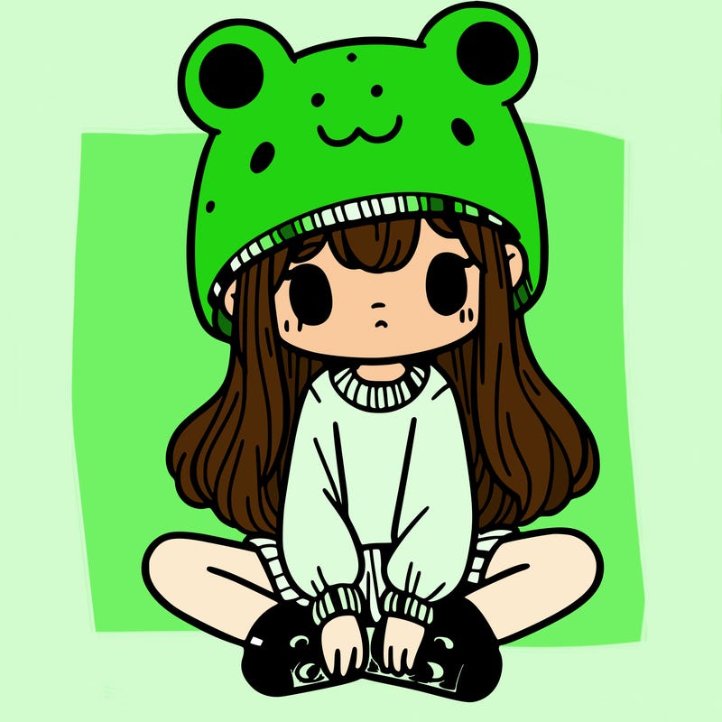 a girl wearing a frog hat and some frog socks