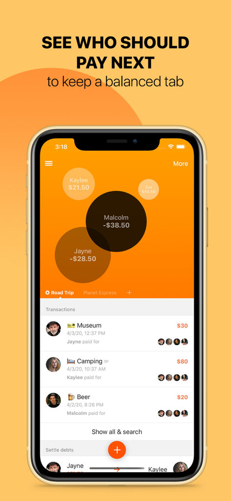 Settle Up - Group Expenses - Interfaccia dell'app mobile che mostra i saldi dei membri del gruppo in cerchi colorati e un elenco di spese condivise come campeggio e biglietti del museo