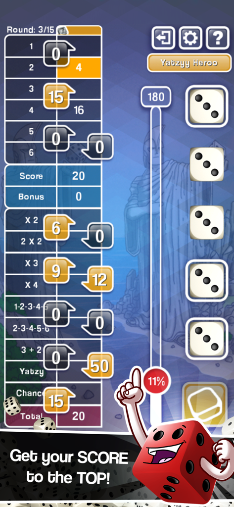 Yatzy Ultimate - Gameplay screen of Yatzy Ultimate showing a scorecard and rolled dice