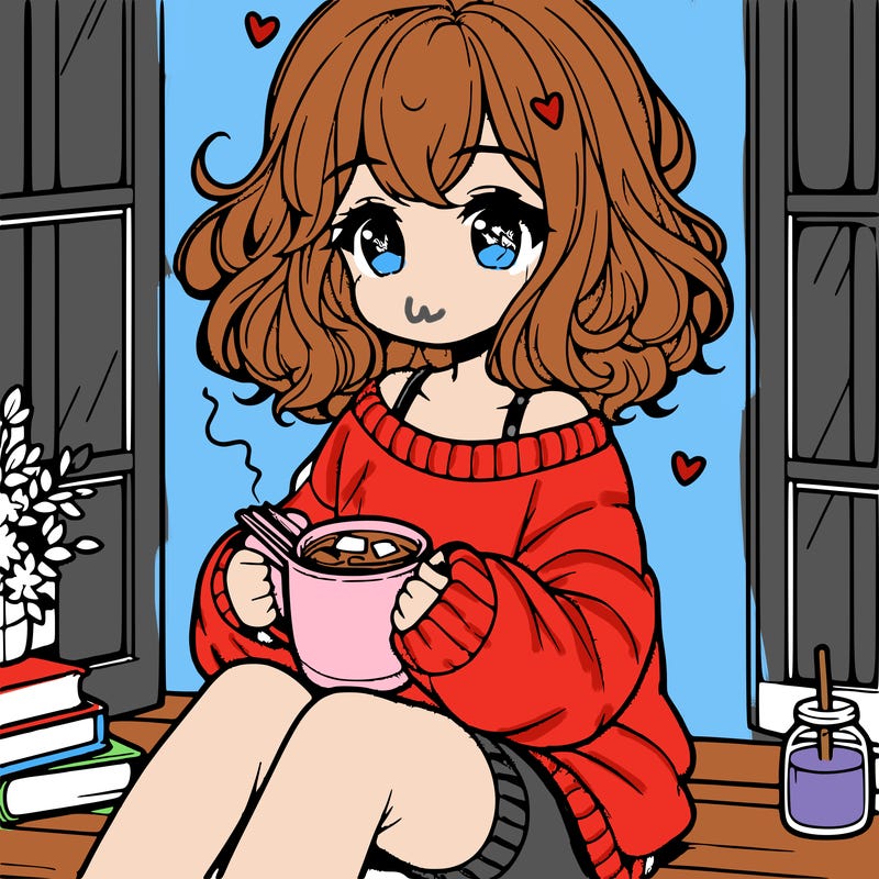 cute anime girl reading book and drinking hot chocolate from mug with loose wavy hair wearing a baggy sweatshirt and shorts sitting by windowsill looking out