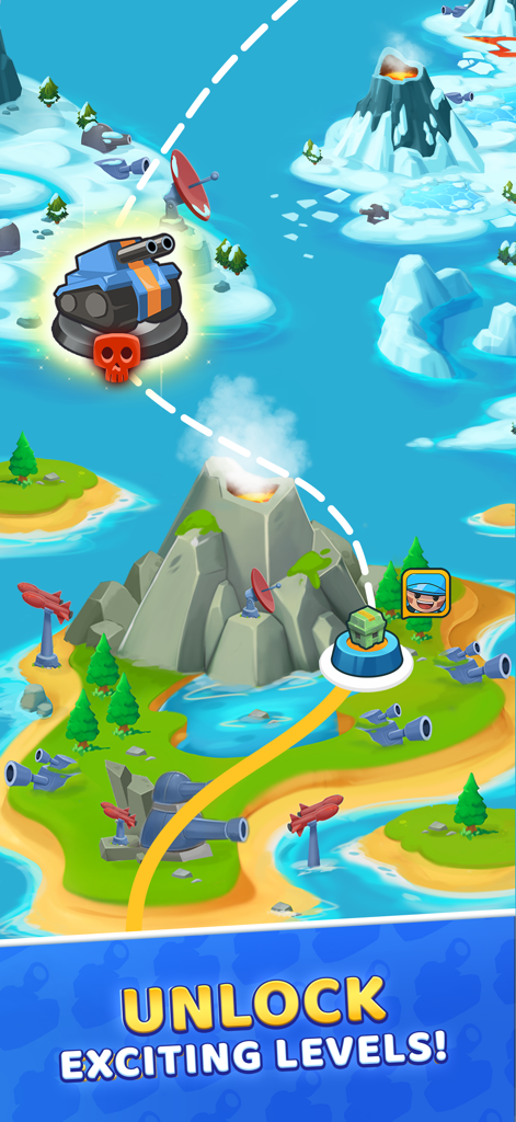 Grunt Rush: Battle & Conquer - A strategic world map showing islands, a volcano, and unlockable levels with a tank icon and troop path.
