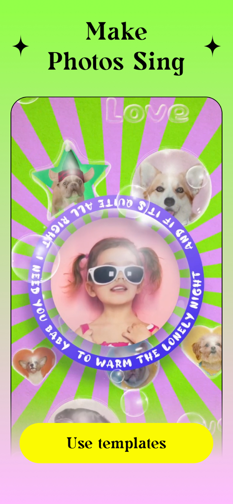 Ritmo Video: AI Video Generate - 컬러풀한 템플릿 안에서 아이와 개들이 있는 '사진 노래하게 만들기' 기능의 Ritmo Video 앱 화면