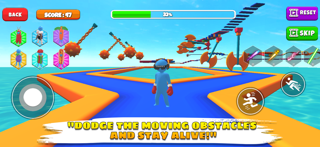 Easy Obby Parkour: Obbys Games - A character navigating a 3D obstacle course with swinging axes and spiked balls over a water landscape.
