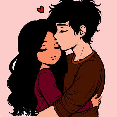 a realistic couple boy and girl hugging and kissing