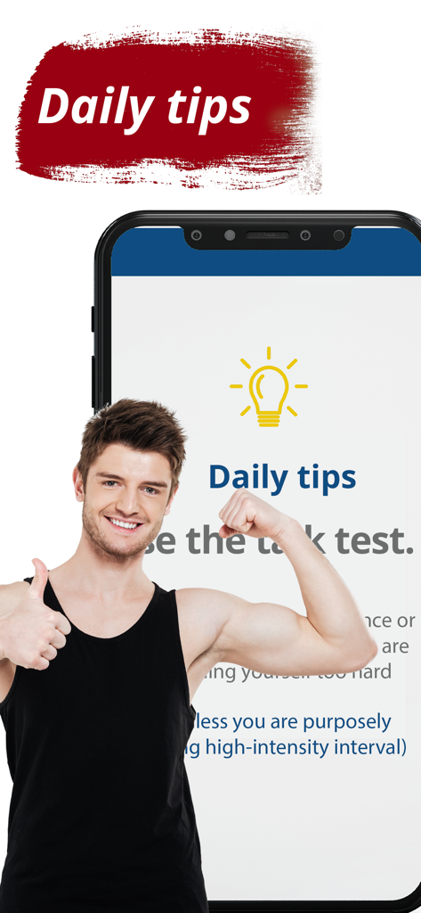 Arm Workouts for Men - A smiling muscular man flexing his bicep and giving a thumbs up next to a mobile phone displaying daily fitness tips.