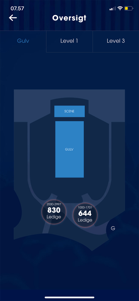 A digital map showing the floor layout and available seating areas in the Royal Arena app.