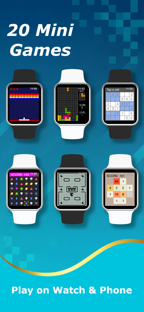 20 Watch Games - Classic Pack - 数独やブロックパズルなどの定番ミニゲームが表示された6つのApple Watchの画面