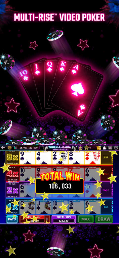 Choctaw Slots - Casino Games - Gameplay de Multi Rise Vidéo Poker dans l'application Choctaw Slots montrant un royal flush et un gain total.