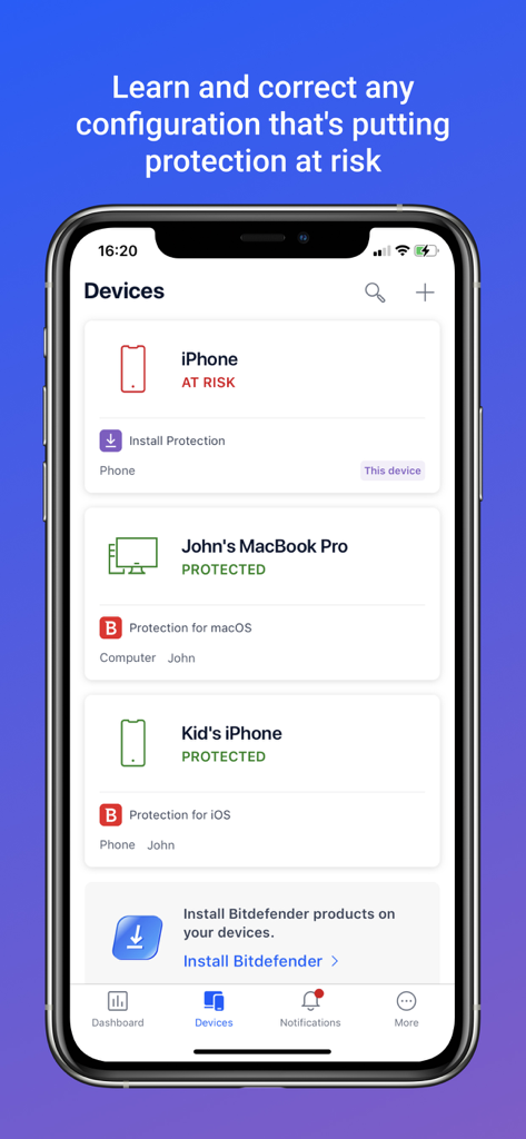 Capture d'écran de l'application mobile Bitdefender Central affichant l'état de sécurité de plusieurs appareils, dont un MacBook et des iPhones.