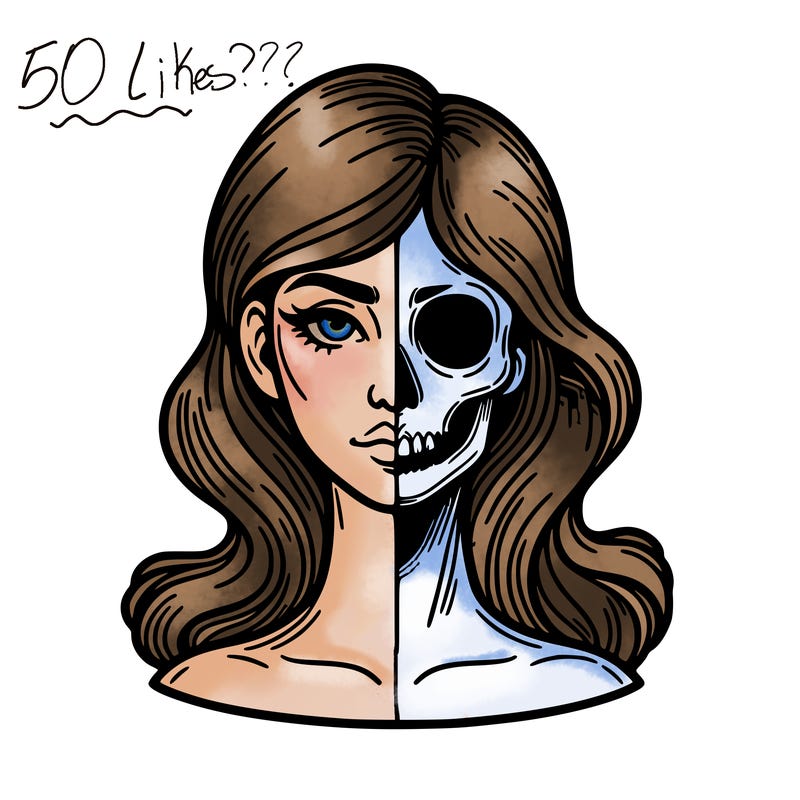 bust of a woman, half face and hair, half skull