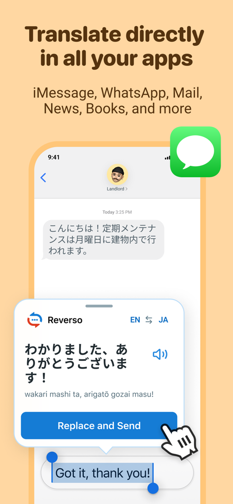 Reverso app translating an English message into Japanese directly within iMessage