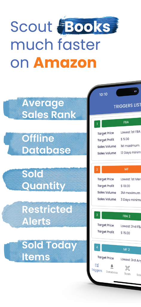 Bookzy App - Bookzy mobile app interface for scouting books on Amazon with scanning triggers and sales data