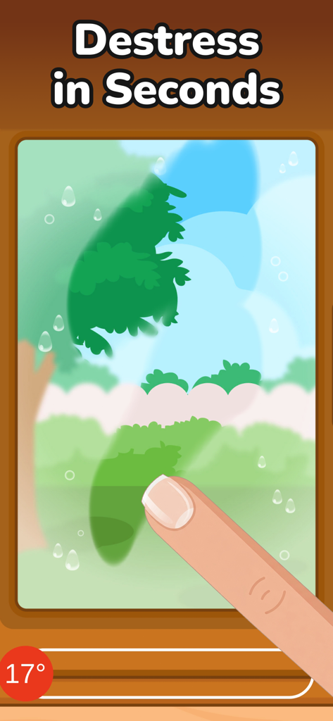 Antistress Games: Fidget Toys - Finger cleaning a foggy window to reveal a serene outdoor landscape in a satisfying antistress game.