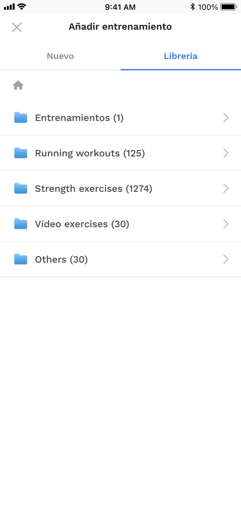 TrainerPlan app workout library showing categorized folders for running strength and video exercises