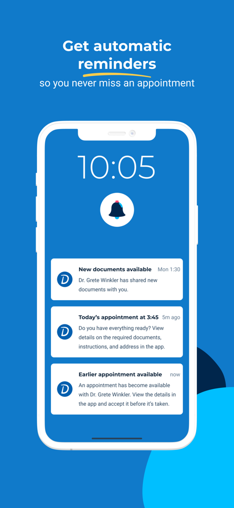 Schermata dello smartphone che mostra le notifiche dell'app Doctolib per i promemoria degli appuntamenti e gli aggiornamenti dei documenti medici.