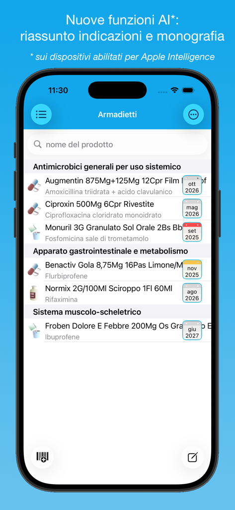iFarmaci Premium - Interfaz de la aplicación iFarmaci Premium que muestra una lista de medicamentos con sus fechas de caducidad categorizados por uso médico.