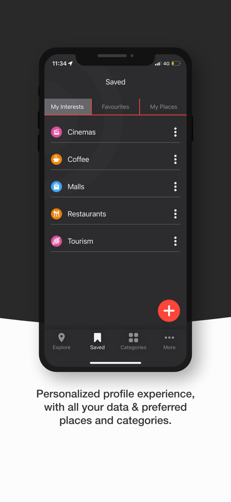 EGIPA - Interfaccia dell'app di navigazione EGIPA che mostra categorie di interessi personalizzati come cinema, caffè e ristoranti