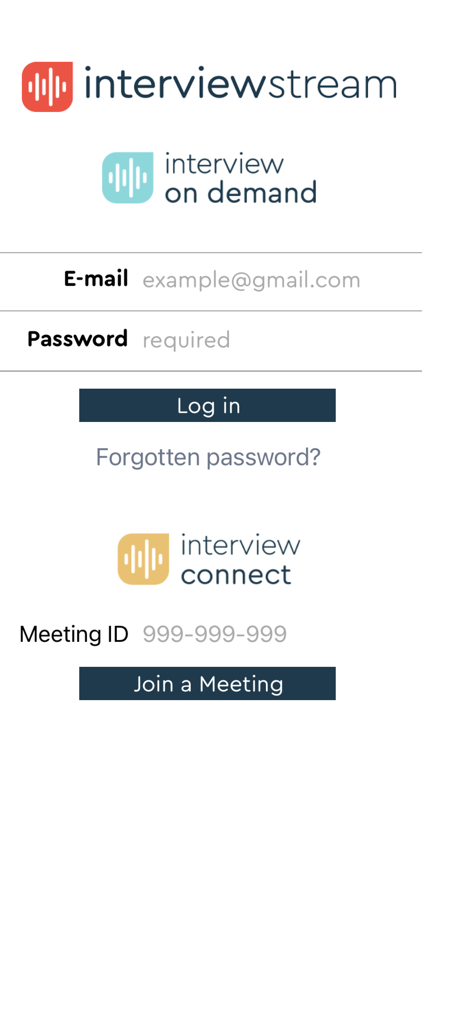 Login screen of the interviewstream app featuring sections for on demand login and joining live meetings via meeting ID
