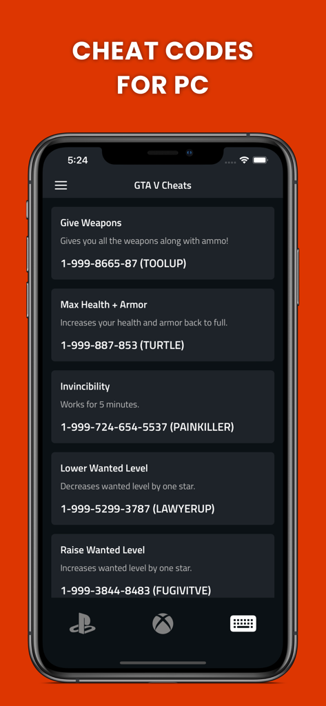 Cheats for GTA 5 - PS5,Xbox,PC - Screenshot dell'iPhone di un'app di codici cheat di GTA 5 che mostra vari trucchi per PC come Dai Armi e Salute Massima