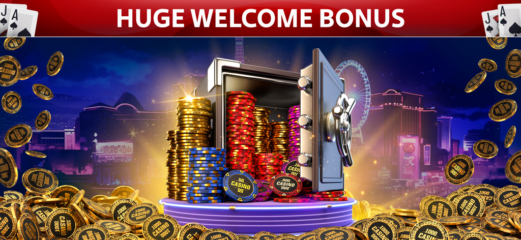 A vault overflowing with stacks of colorful casino chips for a huge welcome bonus in Blackjack 21.