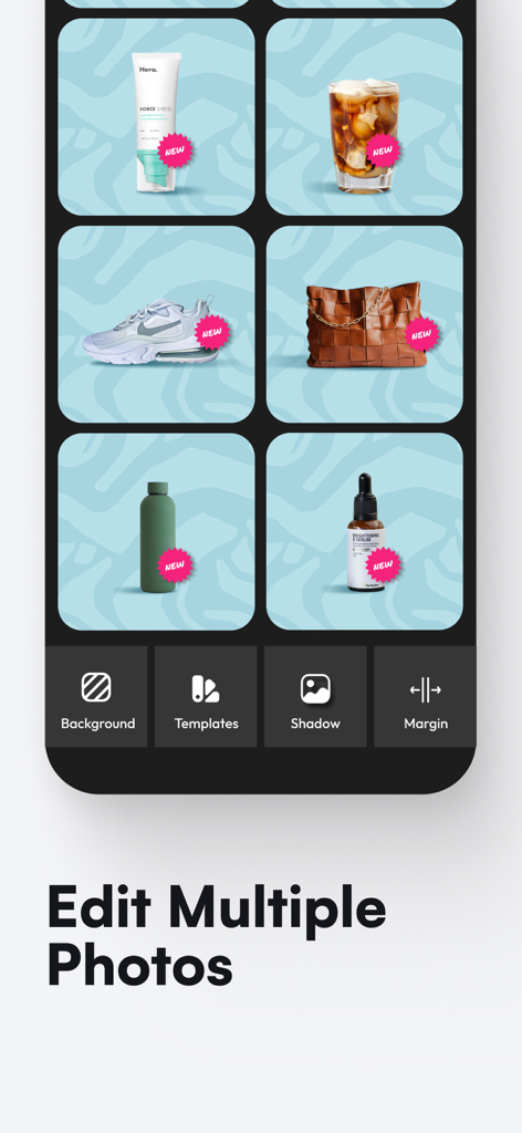 Blend: AI Models Logos Videos - Mobile app interface showing the batch editing feature for multiple product photos with consistent backgrounds and shadows