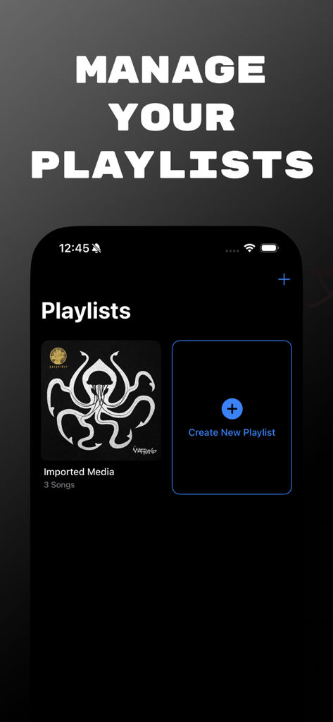 Music Player: Offline & Stream - Interface of the music player app showing playlist management with a create new playlist button