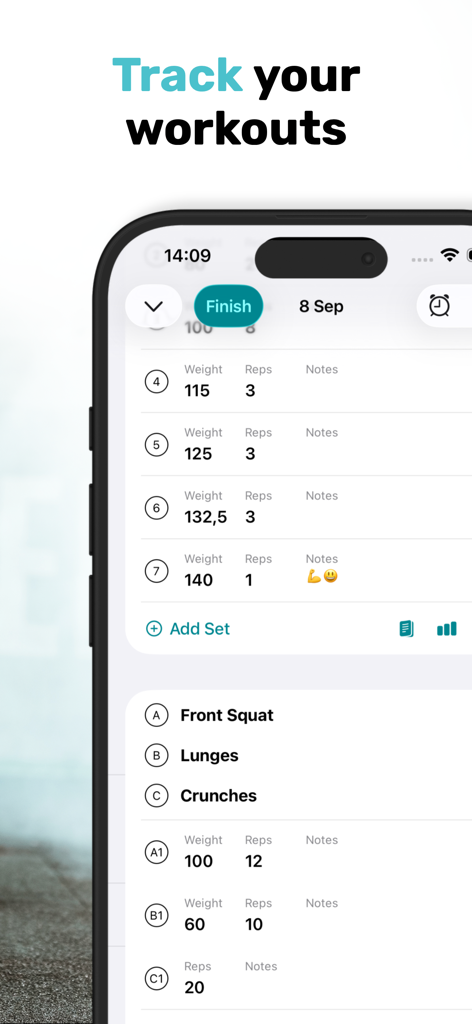 RepCount app interface showing a gym workout log with weight and repetitions for various exercises.