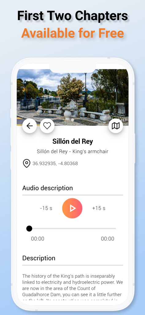 Caminito del Rey - Interface do aplicativo Caminito del Rey com um guia de áudio e descrição histórica do marco da Cadeira do Rei.