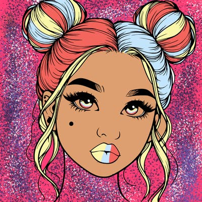 realistic girl with two buns on her hair and lips