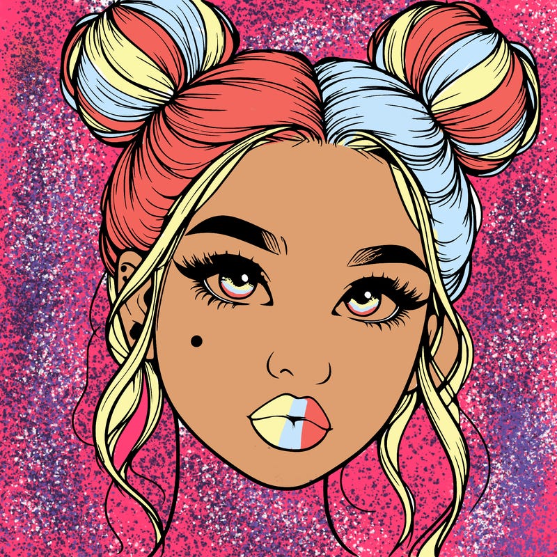 realistic girl with two buns on her hair and lips