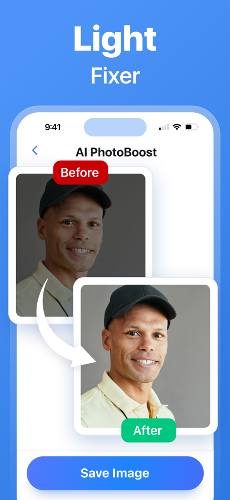 Cleanup Storage Pro - Comparación antes y después de una foto mejorada con la herramienta AI Light Fixer