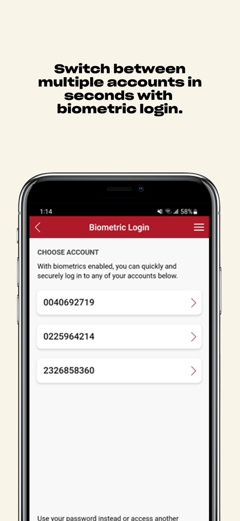 Vancity mobile banking app screen showing biometric login for switching between multiple accounts.