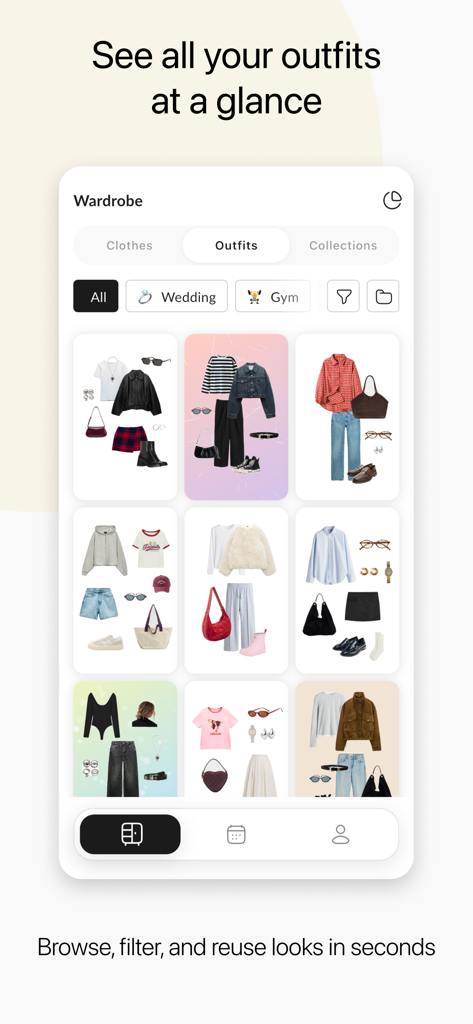 Outfitly: Closet Studio - Outfitly app interface displaying a digital grid of organized outfit flat-lays and styling options