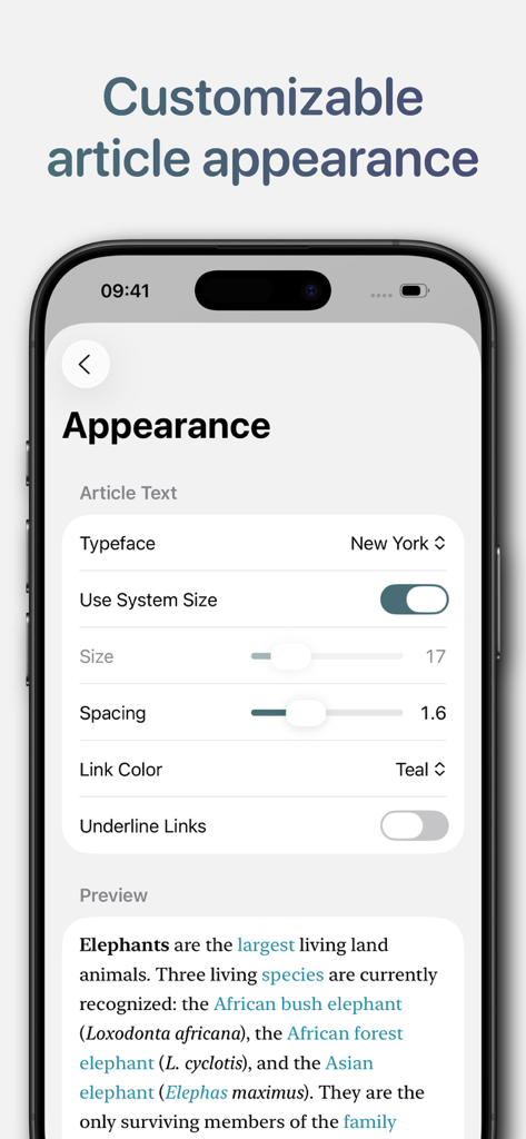 Omnipedia—Offline Encyclopedia - Omnipedia app settings screen for customizable article appearance showing typeface font size spacing and link color options