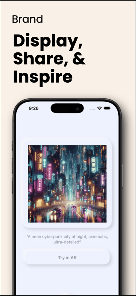 Pocket Posters: AI Video AR - Captura de tela do aplicativo Pocket Posters em um iPhone mostrando uma cidade cyberpunk neon gerada por IA com um botão Experimentar em AR.